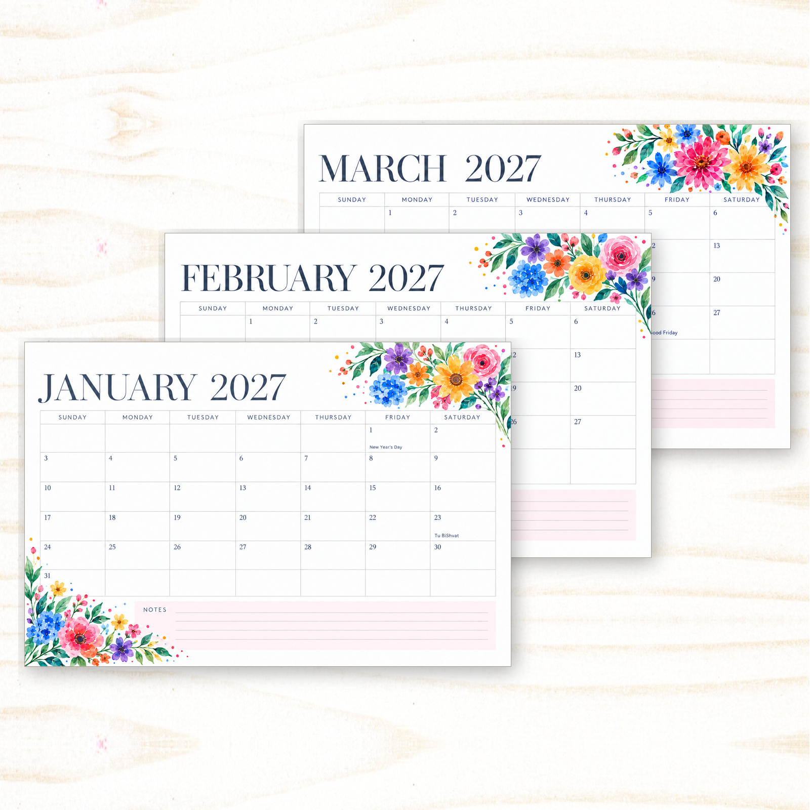 Bloom & Blush Bloom & Blush 2027 floral monthly planner calendar with large writing blocks and notes section.