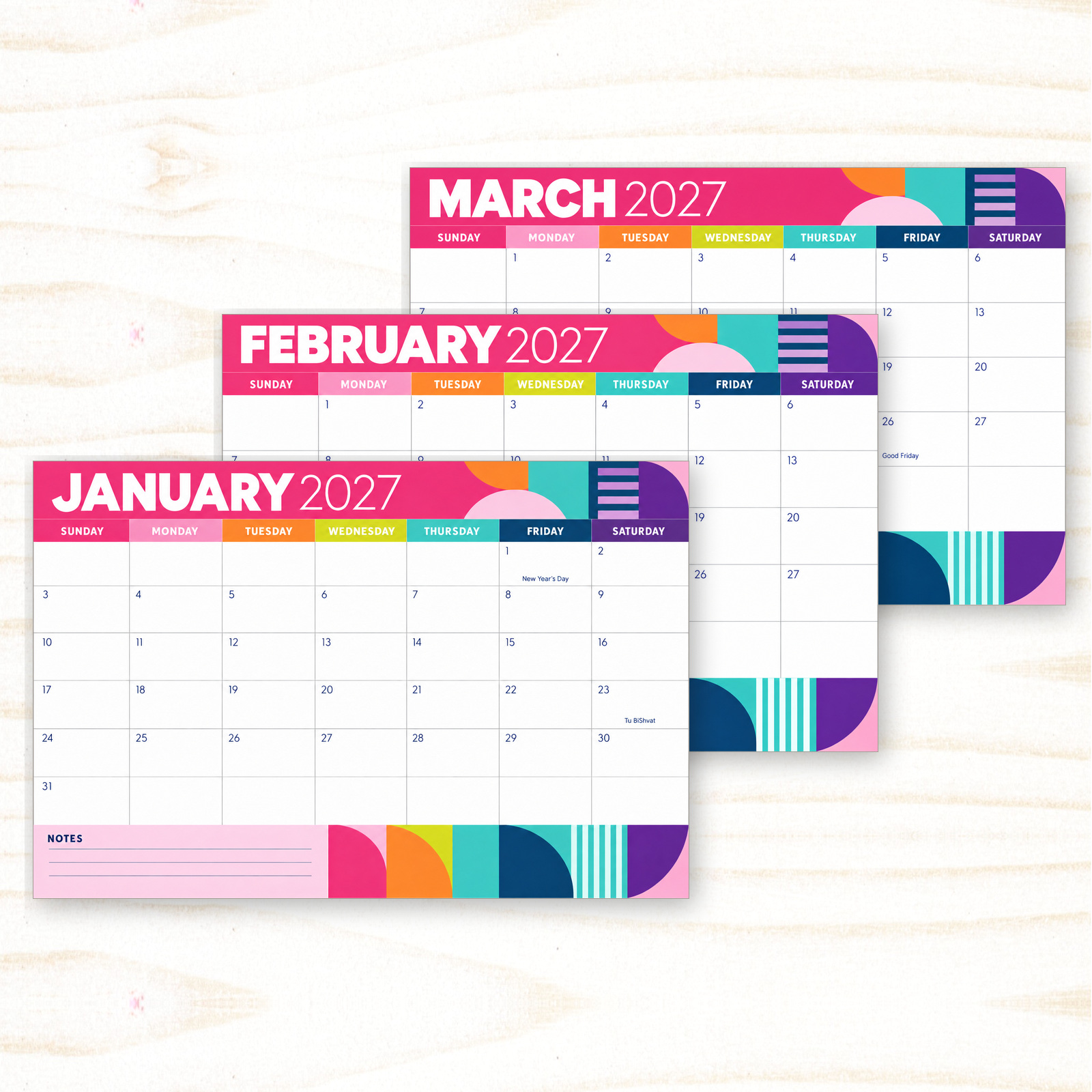 Colour_Pop_Calendar_2027_Website_Preview Colour Pop 2027 bright monthly planner calendar with colourful geometric patterns and large writing blocks.