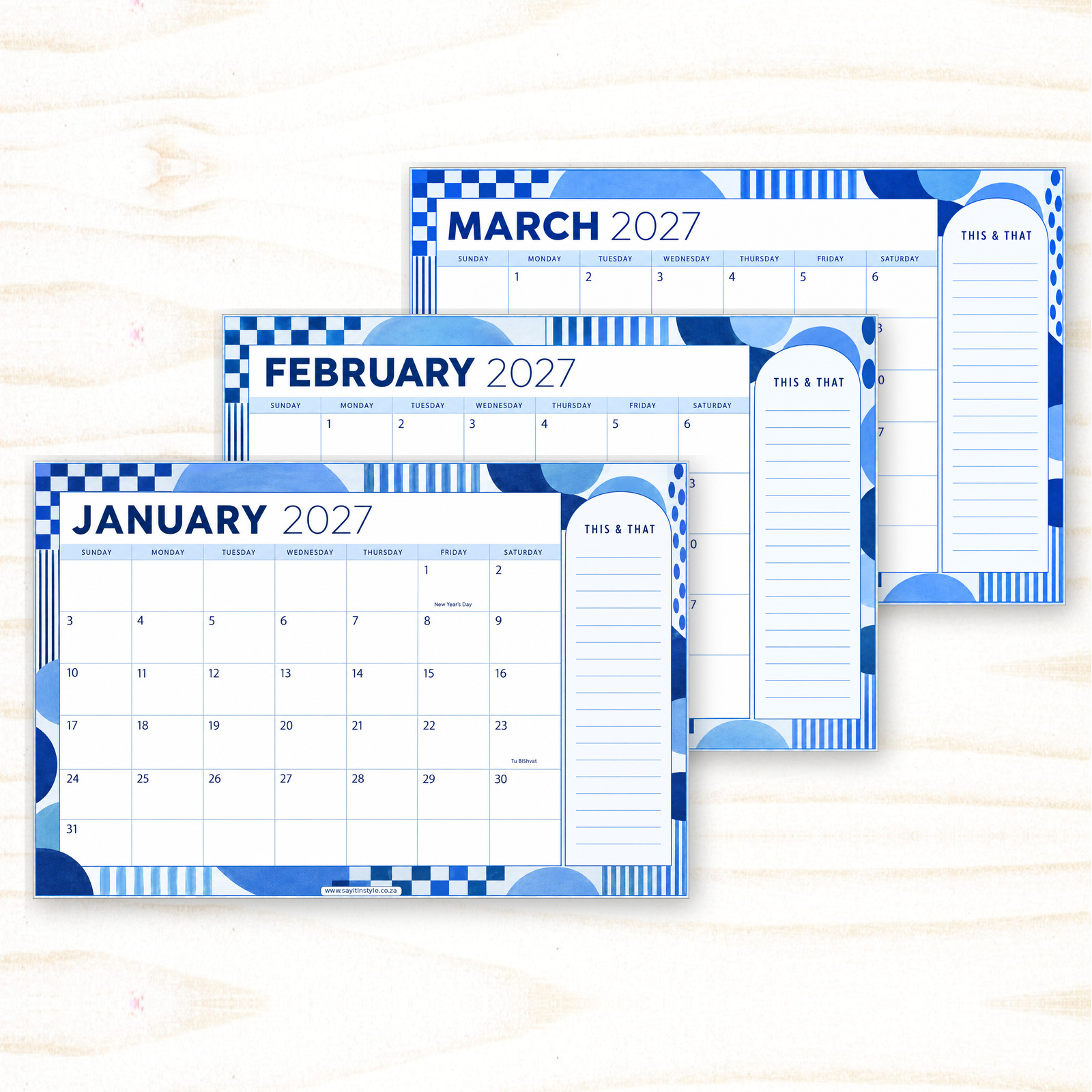 Moody Blues Moody Blues 2027 blue monthly planner calendar with a narrow This & That notes section.