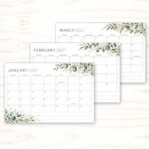 Sage & Stem 2027 botanical monthly planner calendar with a Monday-start layout